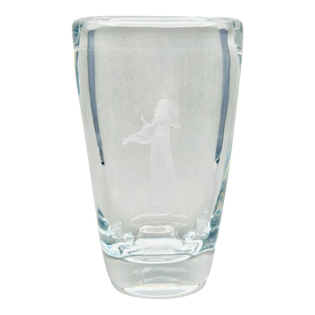 Vintage Orrefors Crystal Vase Etched Girl Playing Violin Sven Palmqvist 1941 For Sale