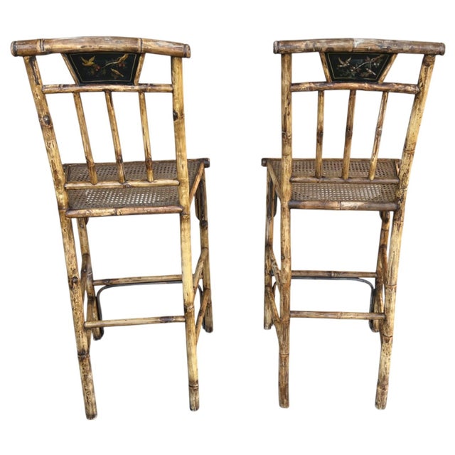 1960s Asian Pagoda Style Bamboo Table & Four Stools With Scenic Painted Panels For Sale - Image 14 of 15