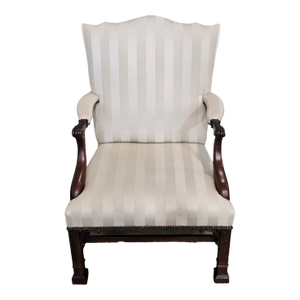 Late 20th Century Baker Carved Mahogany Chinese Chippendale Open Arm Chair on Casters Silk Fabric