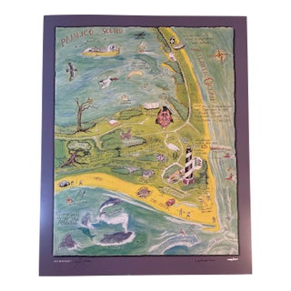 Vintage Outer Banks Map Art Print "Lighthouse View" by Jim Mitchem Signed For Sale