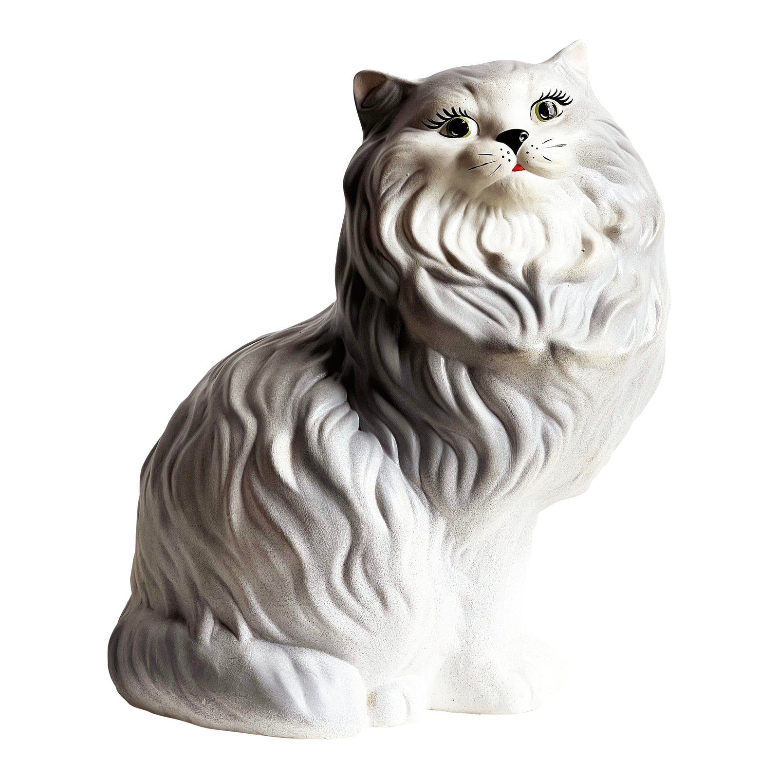 Life Sized Vintage White & Gray Ceramic Persian Cat Figure - Hand Painted