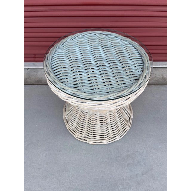 Whitewash Woven Rattan Glass Top Accent Table. Perfect for the patio or indoors next to your favorite chair. Thick woven...