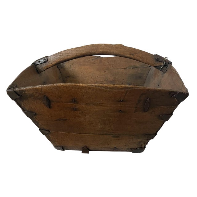 Antique Chinese Rice Grain Measure Box Dou Wooden Primitive Basket Bucket Iron For Sale - Image 4 of 8