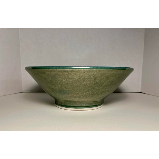Mid-Century Modern Vintage Studio Pottery Large Centerpiece Decorative Porcelain Green Bowl Signed For Sale - Image 3 of 7