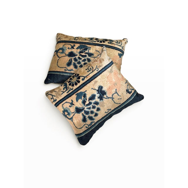 This custom-made set of two decorative throw pillows is hand made &nbsp;from an authentic antique Chinese rug fragment,...