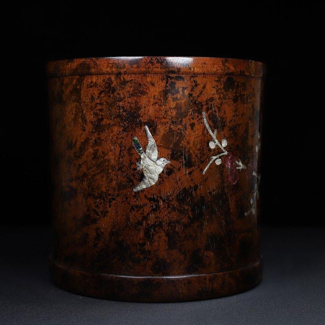 Brown Vintage Chinese Huali Rosewood Brush Pot | Mother-of-Pearl Inlaid Bird & Flower Motif For Sale - Image 8 of 10