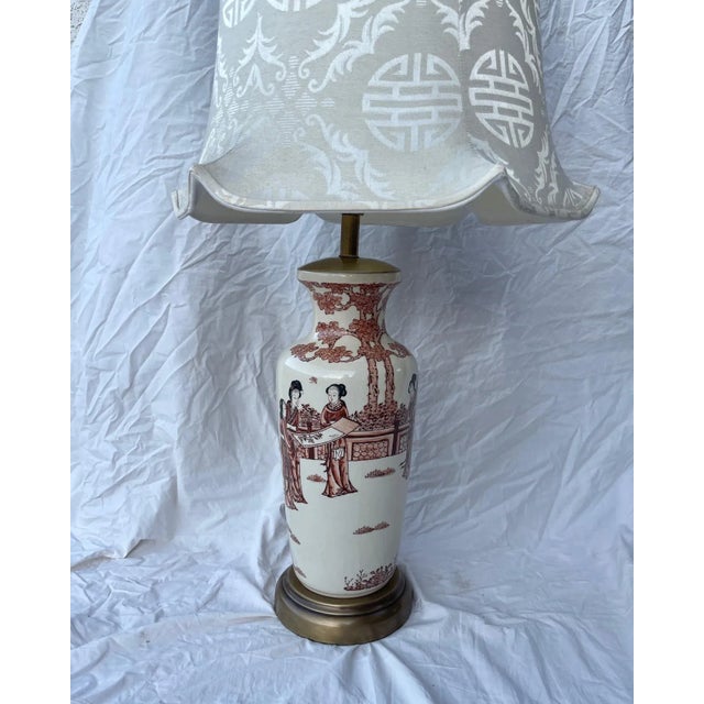 Underwriters Laboratories Vintage Chinoiserie Porcelain Table Lamp W/Silk Pagoda Shade For Sale - Image 4 of 10