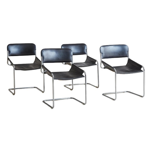 Set of 4 Chrome + Black Leather Cantilever Chairs, Italy 1970s For Sale