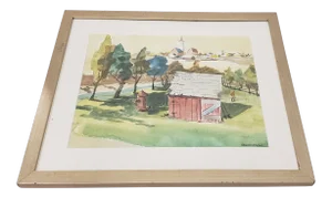 "Red Hydrant" Original Watercolor by A. Cunningham 20th C.
