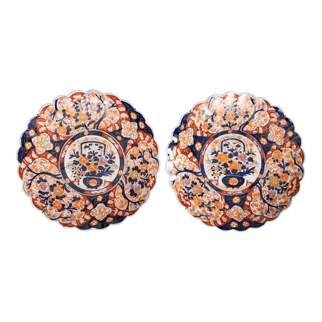 Monumental 19th Century Japanese Meiji Period Imari Scalloped Chargers - A Pair For Sale