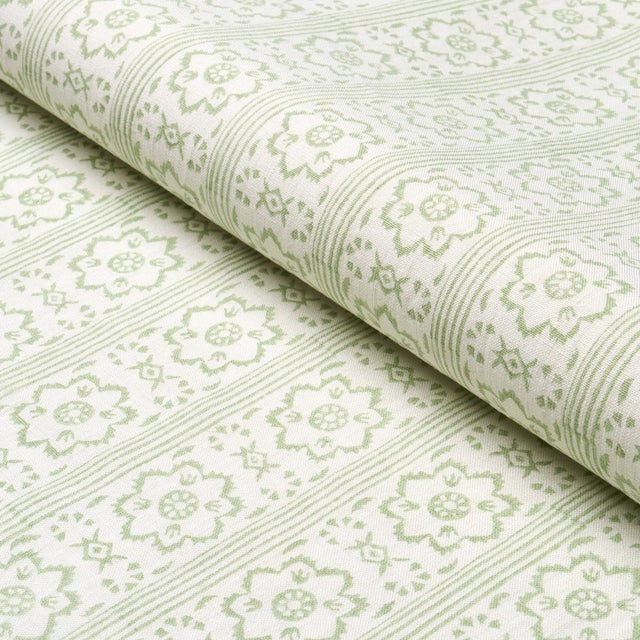 Schumacher SAMPLE - Schumacher Sunda Hand Blocked Print Fabric In Sage For Sale - Image 4 of 4