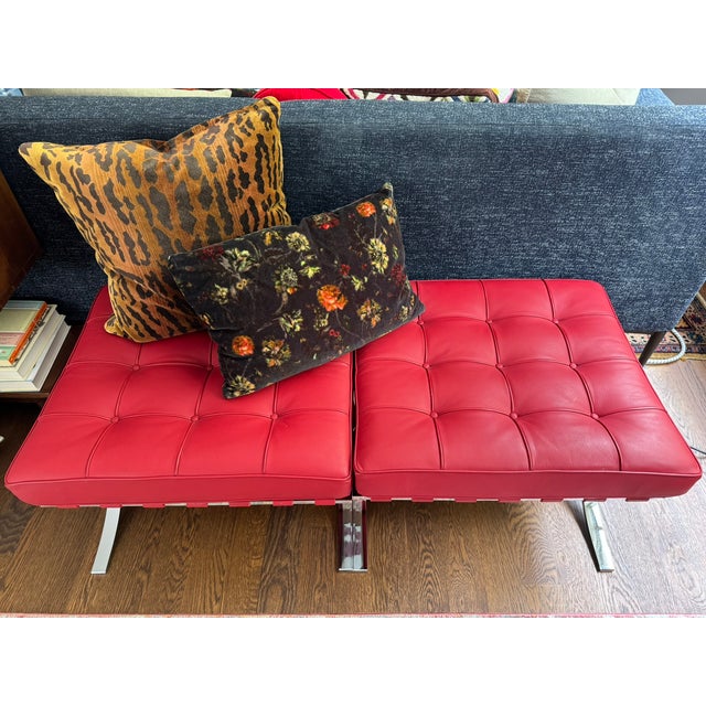 Authentic Design Within Reach Barcelona Stools – Red Tufted Leather & Chrome X‑Base – Set of 2 For Sale - Image 13 of 14