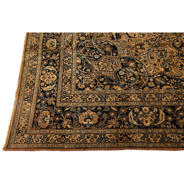 1920s Antique Persian Mashad Tan Handmade Rosette Motif Wool Rug For Sale - Image 4 of 7