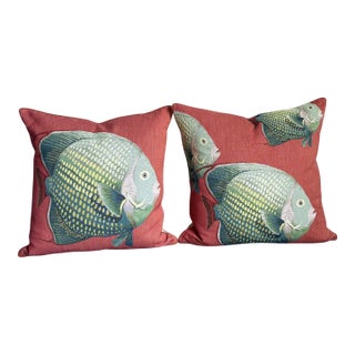 Pair of Iosis Paris Tropical Fish Decorative Pillows in Coral For Sale