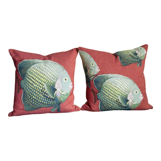 Pair of Iosis Paris Tropical Fish Decorative Pillows in Coral For Sale