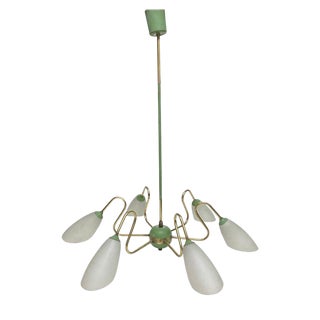 1950s Mid-Century Modern Brass and Green Painted Metal Italian Chandelier For Sale