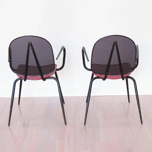 Mathieu Matégot Mathieu Mategot Style Black and Red Metal Chair Armchair, a Pair For Sale - Image 4 of 11