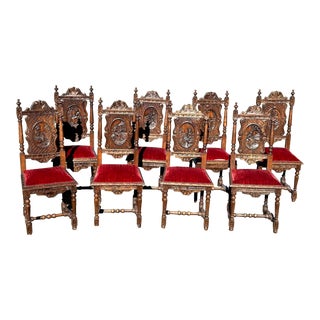 1920s Hand Carved Dining Chairs with Red Velvet Seats - Set of 8 For Sale