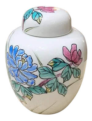 Ceramic Chinoiserie Chinese Ginger Jar With Lid and Floral Motif