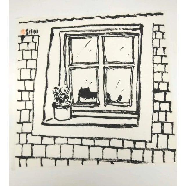 A poetic black-and-white ink painting on traditional xuan (rice) paper, created by artist Wang Zhenzhou. The composition...