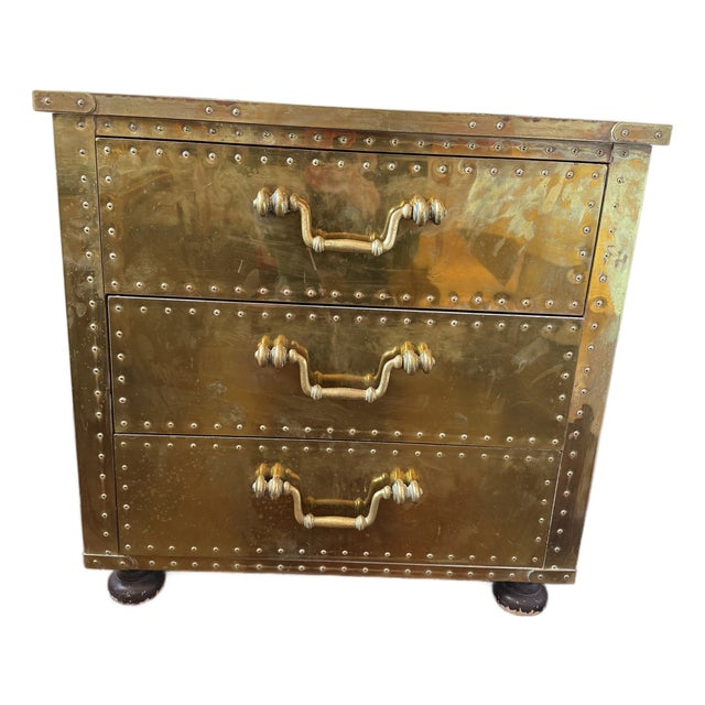 Brass Three Drawer Side Table With Rivets For Sale