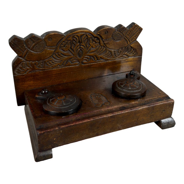 Vintage Double Inkwell Desk in Carved Wood with Glass Trays, 1940s For Sale