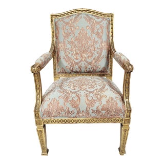 French Early 19th C Neoclassical Empire Parcel Gilt & Carved Bergere Arm Chair For Sale