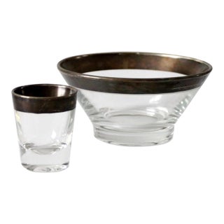 Vintage Dorothy Thorpe Silver Band Glass Bowl and Cordial For Sale