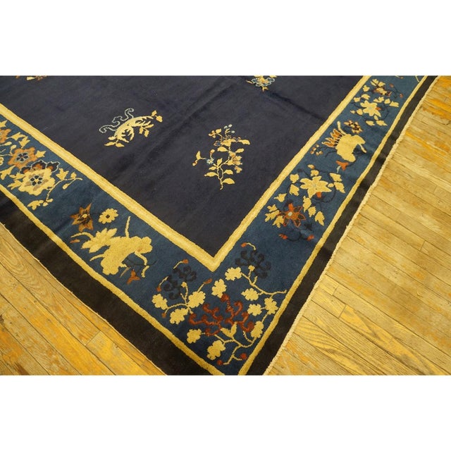 1920s Floral Chinese Square Peking Antique Navy Blue Allover Knotted Wool Rug For Sale - Image 9 of 10