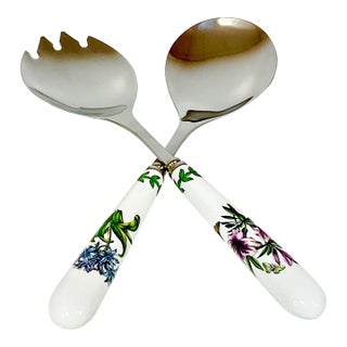 1990s Vintage English Botanical Garden Portmeirion by Spode Salad Serving Utensils - Set of 2 For Sale