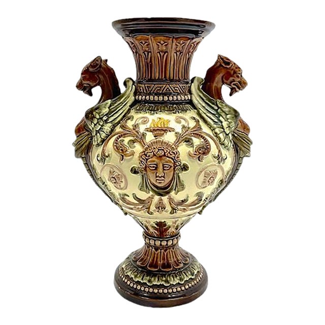 Antique Majolica Classical Style Gryphon Vase For Sale