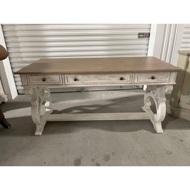 White Washed Four-Drawer Desk and Wood Color Top and Stretcher, 21st Century