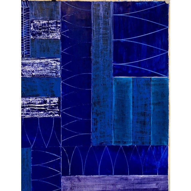 Blue Joan Kahn, Joan Kahn Indigo Denim Blue Color Abstract Expressionist Modernist Oil Painting, c.1980's For Sale - Image 8 of 14