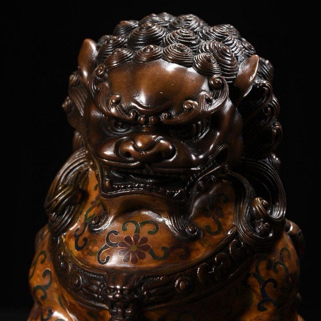 Metal Pair of Cloisonne Enameled Guardian Lions – 10" Foo Dogs With Intricate Floral Motifs For Sale - Image 7 of 9