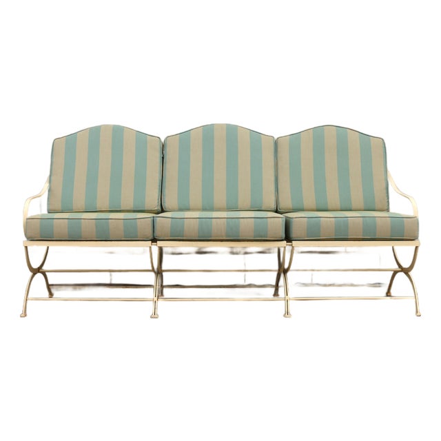 Vintage Hervé Baume French Wrought Iron Three-Seat Garden Sofa With Original Cushions, Circa 1970s For Sale