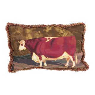 Antique French Needlepoint Shorthorn Ox Tapestry Pillow - 02'09 X 01'09 For Sale