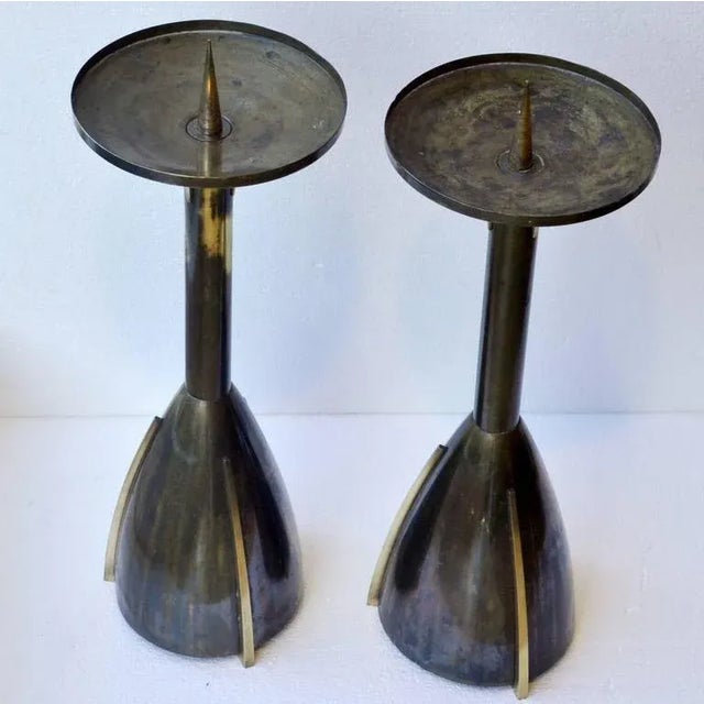 Monumental 1930s candlesticks patinated bronze from Belgium or the Netherlands.