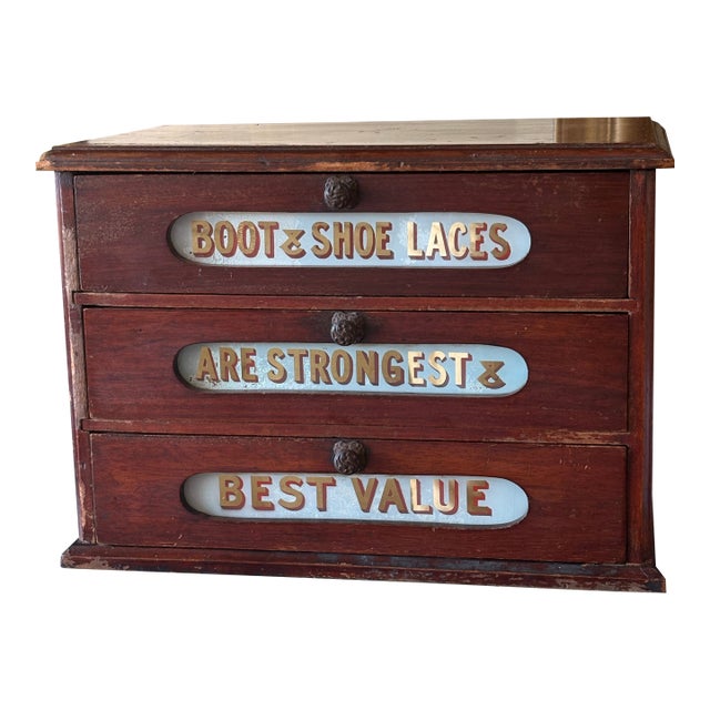 Antique Paton’s Boot & Shoe Lace Countertop Display Edwardian Era With Glass Signs For Sale