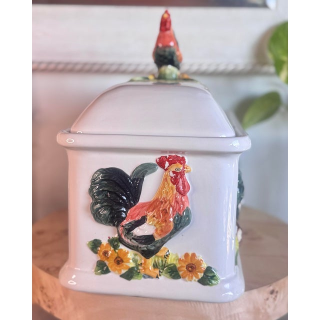Vintage KMC 3d Hand Painted Rooster Breadbox With Lid For Sale - Image 6 of 11