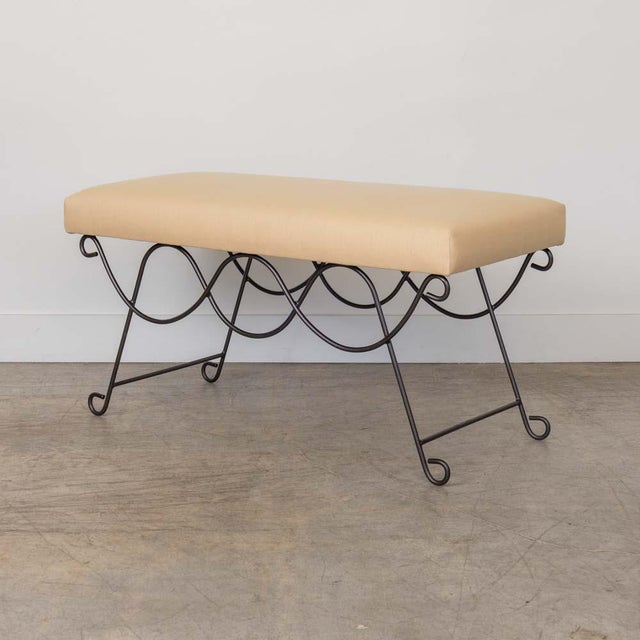 French Panoplie Iron Double Loop Bench, Yellow Linen For Sale - Image 3 of 13
