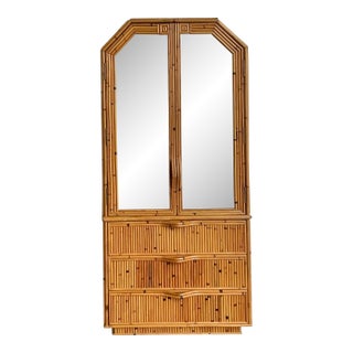 Vintage Boho Faceted Bamboo Mirrored Armoire For Sale
