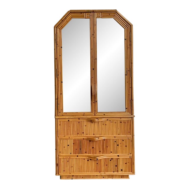 Vintage Boho Faceted Bamboo Mirrored Armoire For Sale