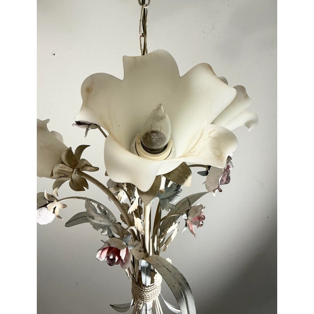Vintage Italian Toleware Tole Style Floral Rose Chandelier With Glass Shades For Sale - Image 10 of 12