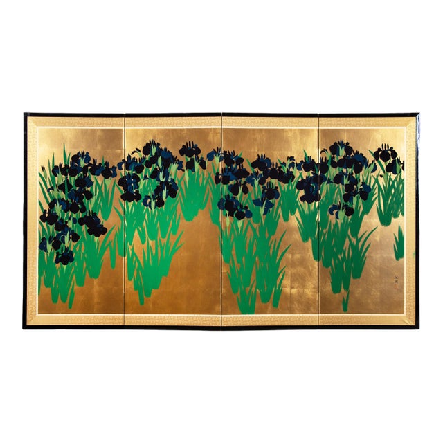 Japanese Gold Leaf Iris Four-Panel Folding Screen After Ogata Kōrin For Sale