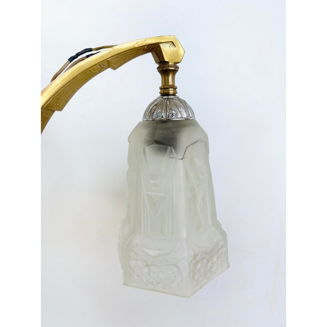 1930s Art Deco Gilt, Silvered Bronze Chandelier, Frosted Glass Shades For Sale - Image 11 of 14