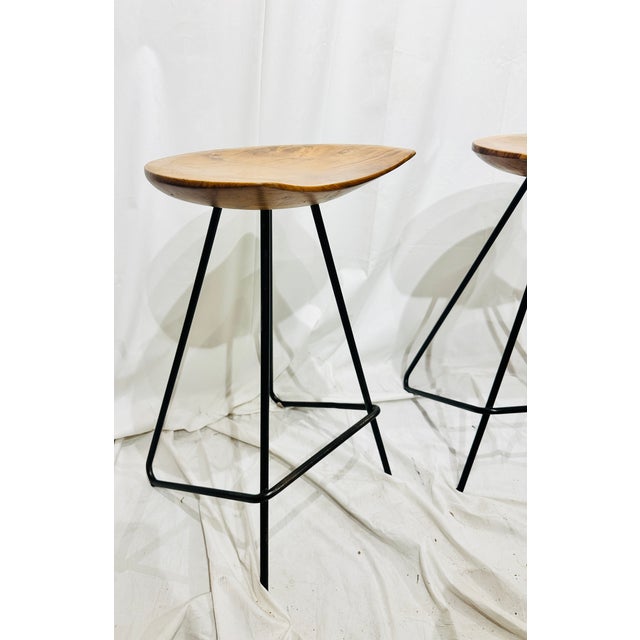 Contemporary Set of 3 Organic Modern Live Edge Wood & Black Iron Bar Stools For Sale - Image 3 of 7