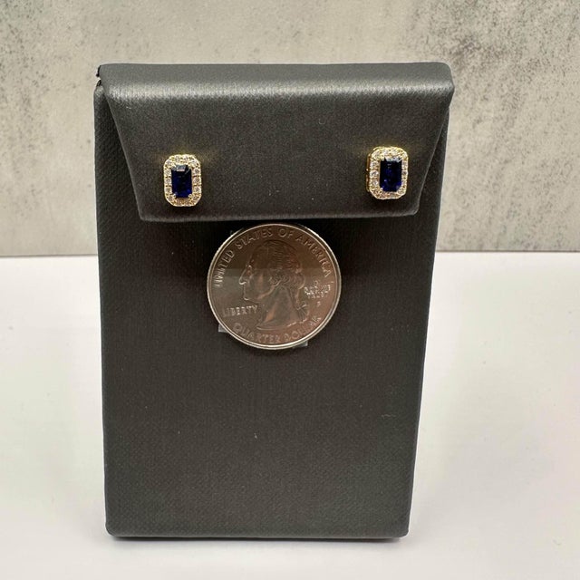 Sapphire and Diamond Halo Studs in 14kt Yellow Gold - 5x3mm Sapphires, New, A Pair For Sale - Image 4 of 5