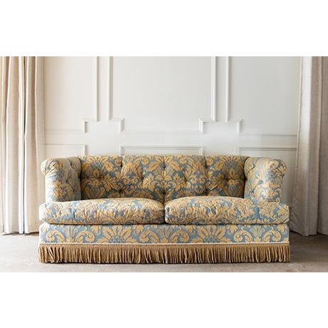 French Country Vintage Damask Traditional Tufted Rolled-Arm Sofa With Fringe Skirt For Sale - Image 3 of 18