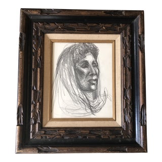 Original Vintage Charcoal Study Drawing Female Portrait Vintage Carved Wood Frame 1970’s For Sale