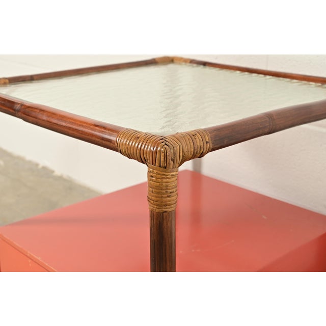 John Wisner for Ficks Reed Mid-Century Hollywood Regency Bamboo Rattan Glass Top Side Table, 1950s For Sale - Image 9 of 14